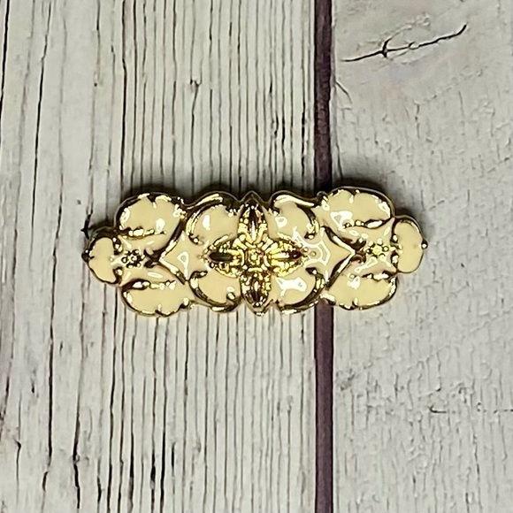 Vintage Jewelry - Vintage Gold Tone & White Enamel Bar Brooch – 2”